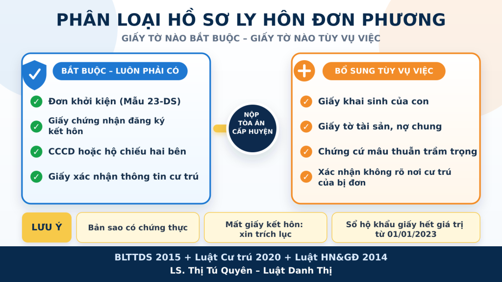 Phân loại hồ sơ ly hôn đơn phương: giấy tờ luôn cần và giấy tờ bổ sung theo vụ việc