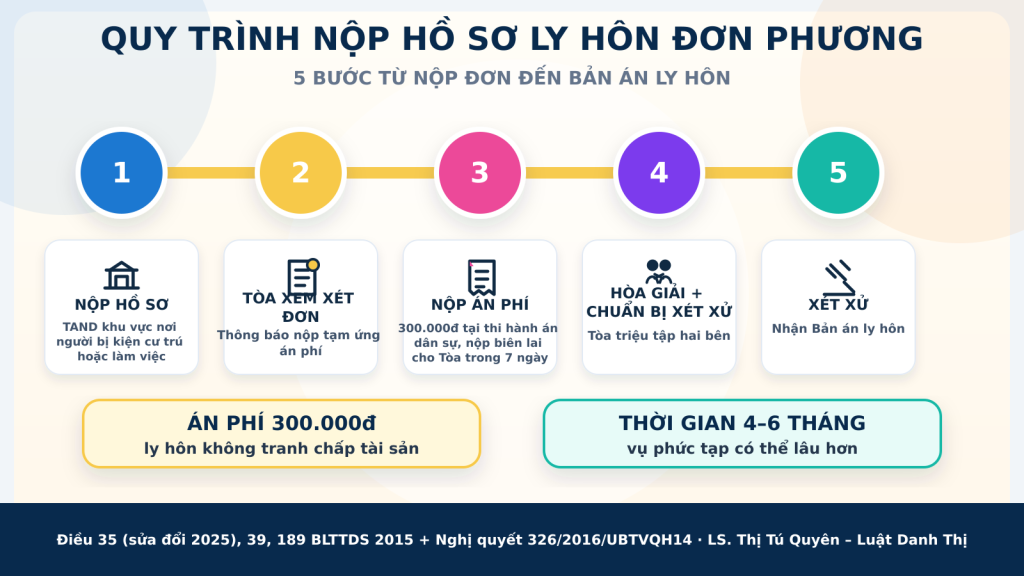 Quy trình nộp hồ sơ ly hôn đơn phương tại Tòa án nhân dân khu vực: 5 bước, án phí 300.000đ